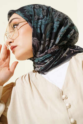 Nostaljik Motifli Eşarp Siyah Yeşil - Başörtüsü