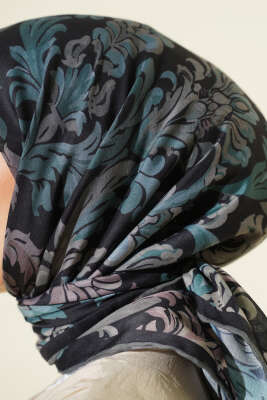 Nostaljik Motifli Eşarp Siyah Yeşil - Başörtüsü