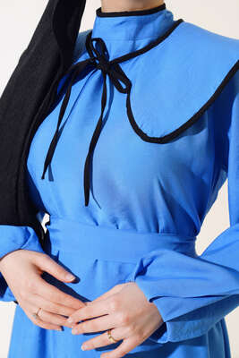 Nostaljik Yaka Kuşaklı Elbise Mavi - Thumbnail