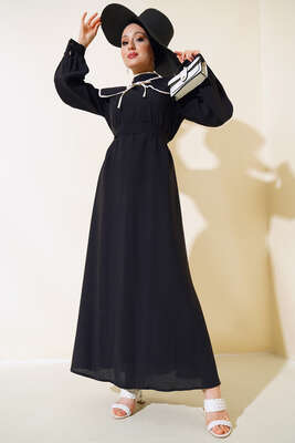 Nostaljik Yaka Kuşaklı Elbise Siyah - Thumbnail