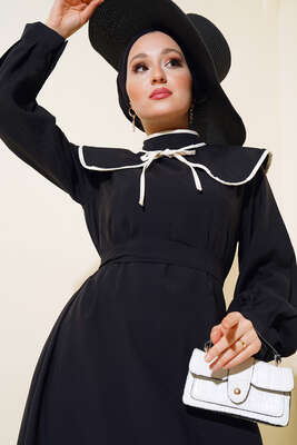 Nostaljik Yaka Kuşaklı Elbise Siyah - Thumbnail