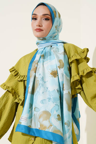 Nur Serisi Twill İpek Şal Mavi - Başörtüsü