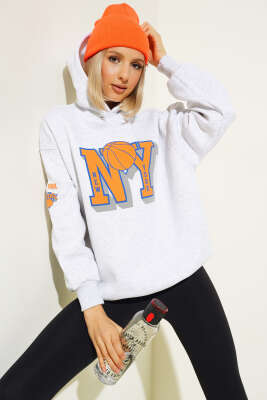 NY Baskılı Şardonlu Sweatshirt Gri 