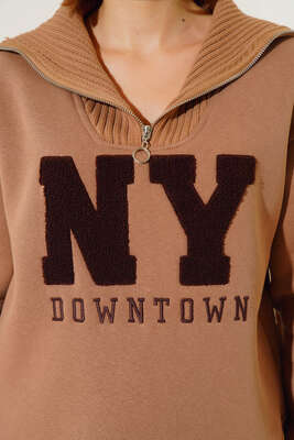 NY Yazılı Sweatshirt Latte - Thumbnail