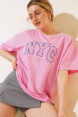 NYC Baskılı T-shirt Pembe - Thumbnail