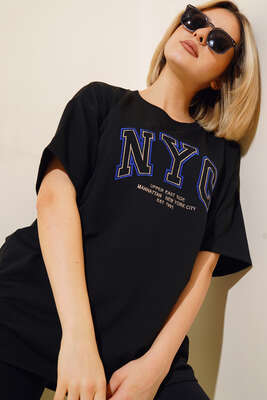 NYC Baskılı T-shirt Siyah - Thumbnail