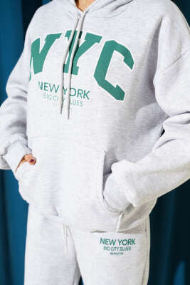NYC Baskılı Üç İplik Sweat İkili Takım Melanj Gri - İKİLİ TAKIM