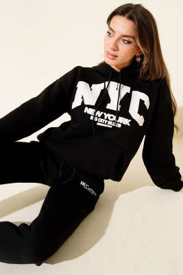 NYC Baskılı Üç İplik Sweat İkili Takım Siyah - CALİENTE