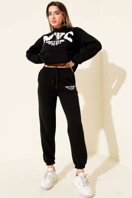 NYC Baskılı Üç İplik Sweat İkili Takım Siyah - Kadın Giyim Modelleri