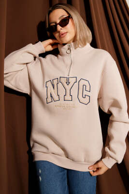 Nyc Basklı Şardonlu Sweatshirt Bej - Kadın Giyim Modelleri