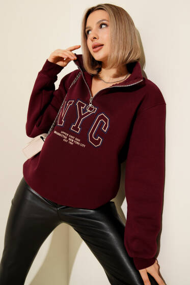 Nyc Basklı Şardonlu Sweatshirt Bordo - Kadın Giyim Modelleri
