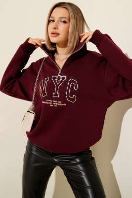 Nyc Basklı Şardonlu Sweatshirt Bordo - Kadın Giyim Modelleri