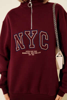 Nyc Basklı Şardonlu Sweatshirt Bordo - Kadın Giyim Modelleri