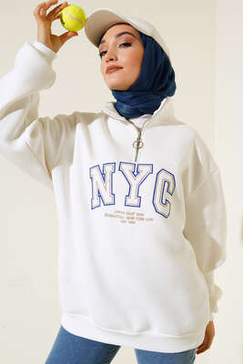 Nyc Basklı Şardonlu Sweatshirt Ekru - Tunik