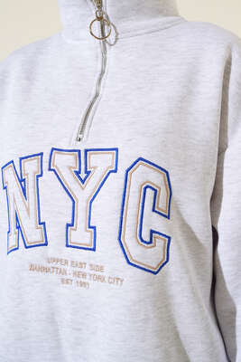 Nyc Basklı Şardonlu Sweatshirt Gri - Tunik