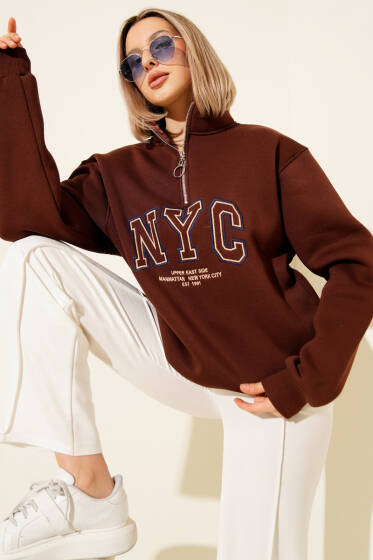 Nyc Basklı Şardonlu Sweatshirt Kahve - Kadın Giyim Modelleri