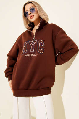 Nyc Basklı Şardonlu Sweatshirt Kahve - Kadın Giyim Modelleri