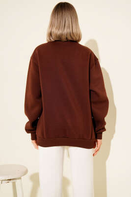 Nyc Basklı Şardonlu Sweatshirt Kahve - Kadın Giyim Modelleri