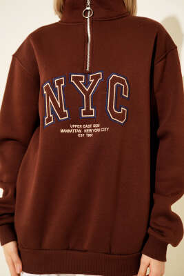 Nyc Basklı Şardonlu Sweatshirt Kahve - Kadın Giyim Modelleri
