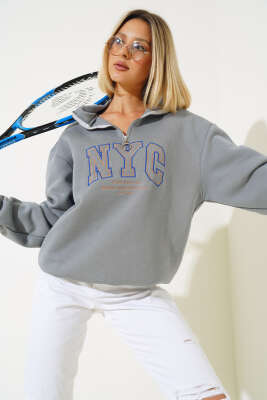 Nyc Basklı Şardonlu Sweatshirt Kayrak Grisi - Kadın Giyim Modelleri