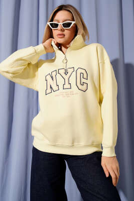 Nyc Basklı Şardonlu Sweatshirt Sarı - Kadın Giyim Modelleri