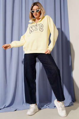 Nyc Basklı Şardonlu Sweatshirt Sarı - Kadın Giyim Modelleri