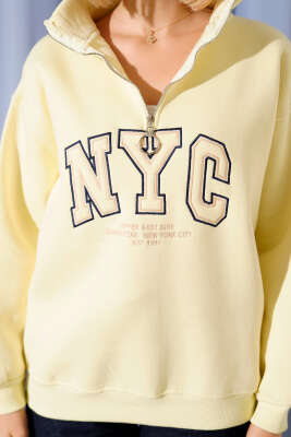Nyc Basklı Şardonlu Sweatshirt Sarı - Kadın Giyim Modelleri