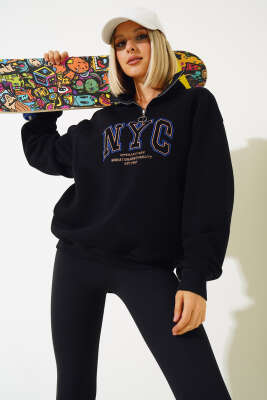 Nyc Basklı Şardonlu Sweatshirt Siyah - Kadın Giyim Modelleri