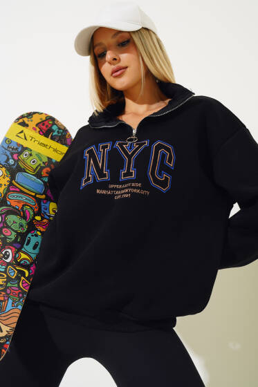 Nyc Basklı Şardonlu Sweatshirt Siyah - Kadın Giyim Modelleri