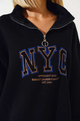 Nyc Basklı Şardonlu Sweatshirt Siyah - Kadın Giyim Modelleri