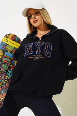 Nyc Basklı Şardonlu Sweatshirt Siyah 