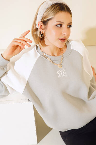NYC Nakışlı Sweatshirt Gri - Kadın Giyim Modelleri
