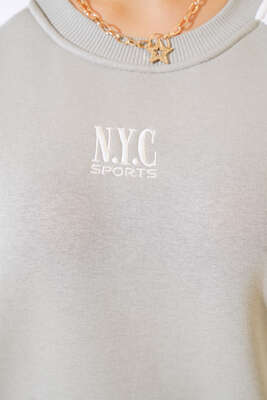NYC Nakışlı Sweatshirt Gri - Kadın Giyim Modelleri