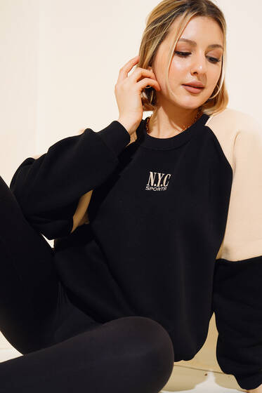 NYC Nakışlı Sweatshirt Siyah - Kadın Giyim Modelleri