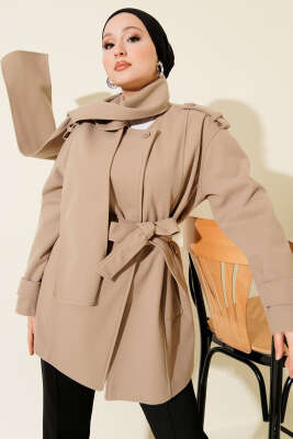 Omuz Apoletli Atkılı Kaşe Kaban Bej - BERAT TEKSTİL