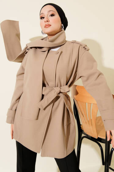 Omuz Apoletli Atkılı Kaşe Kaban Bej - Kaban