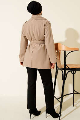 Omuz Apoletli Atkılı Kaşe Kaban Bej - Kaban