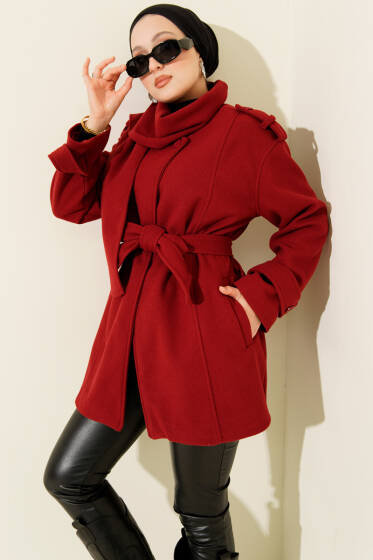 Omuz Apoletli Atkılı Kaşe Kaban Bordo - Kaban