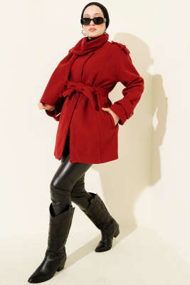 Omuz Apoletli Atkılı Kaşe Kaban Bordo - Kaban