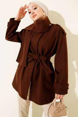 Omuz Apoletli Atkılı Kaşe Kaban Kahve - BERAT TEKSTİL