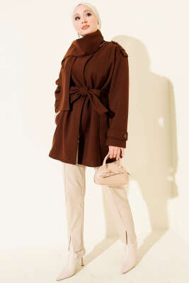 Omuz Apoletli Atkılı Kaşe Kaban Kahve - Kaban