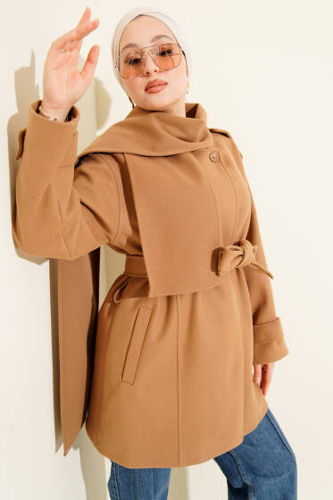 Omuz Apoletli Atkılı Kaşe Kaban Latte - Kaban