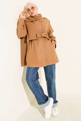 Omuz Apoletli Atkılı Kaşe Kaban Latte - Kaban