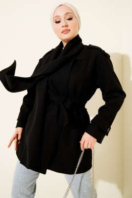 Omuz Apoletli Atkılı Kaşe Kaban Siyah - BERAT TEKSTİL
