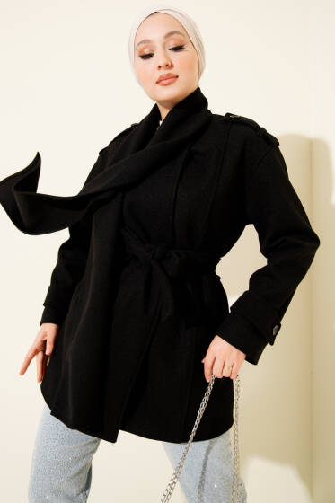 Omuz Apoletli Atkılı Kaşe Kaban Siyah - Kaban