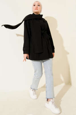 Omuz Apoletli Atkılı Kaşe Kaban Siyah - Kaban