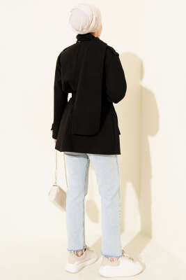 Omuz Apoletli Atkılı Kaşe Kaban Siyah - Kaban