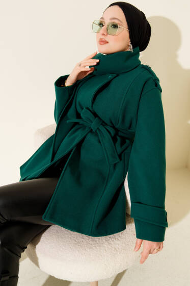 Omuz Apoletli Atkılı Kaşe Kaban Zümrüt - Kaban