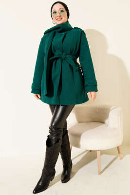 Omuz Apoletli Atkılı Kaşe Kaban Zümrüt - Kaban