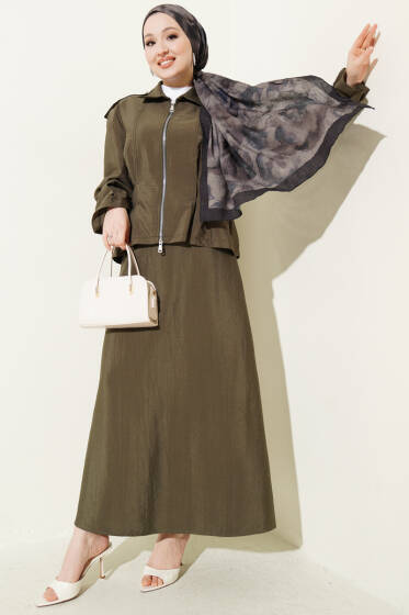 Omuz Apoletli Bel Pensli Etekli Takım Haki - İkili Takım